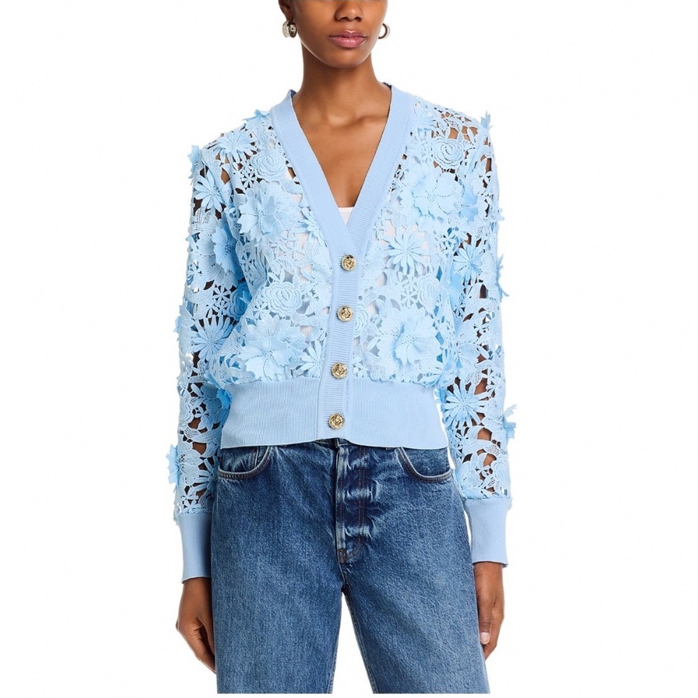 Generation Love Harlow Lace Cardigan Blue Breeze 3D Floral V-Neck Sweater Medium